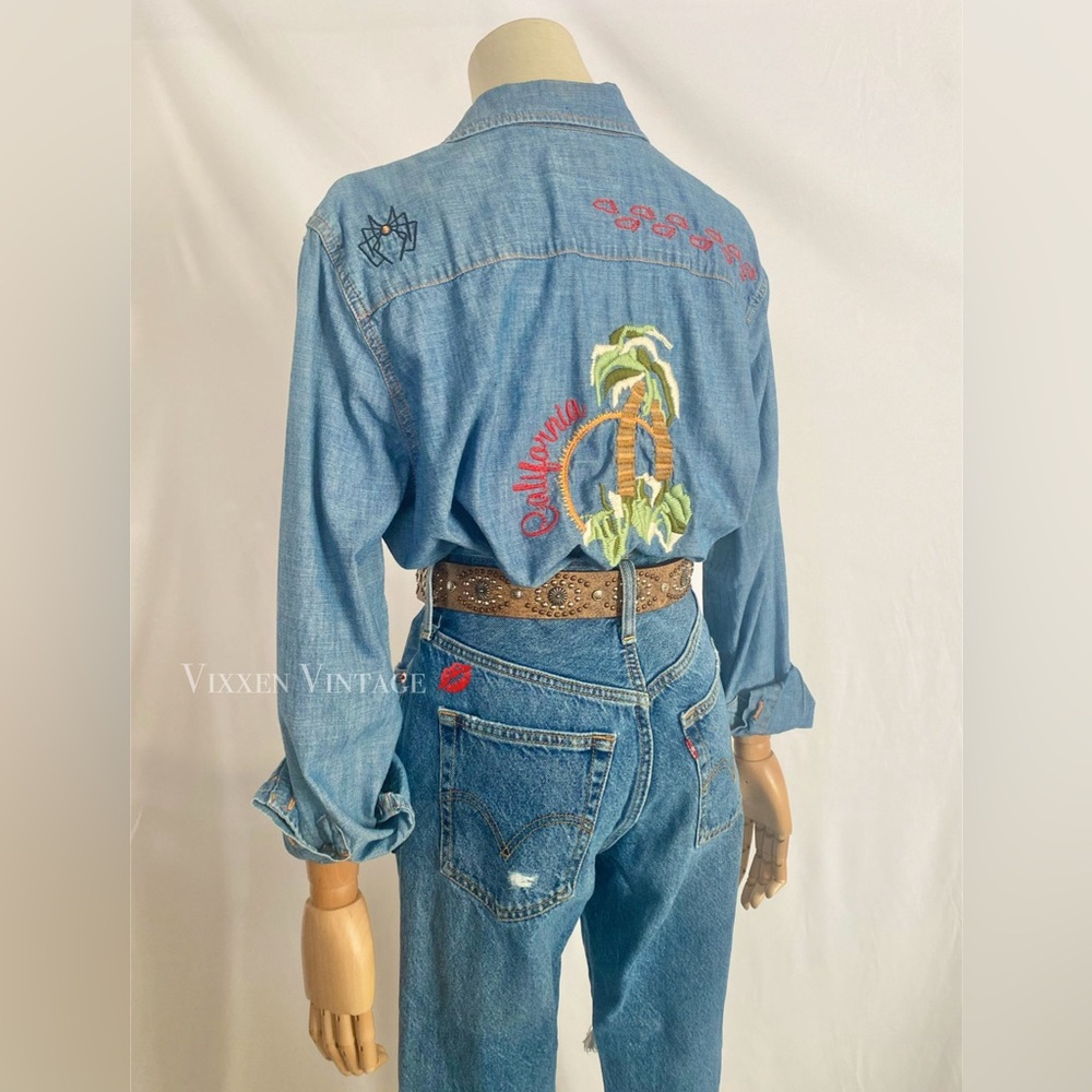 Lucky Brand Embroidered Denim Shirt Women’s XL Chambray Western California